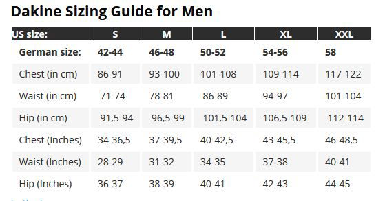Dakine Men  Size Chart